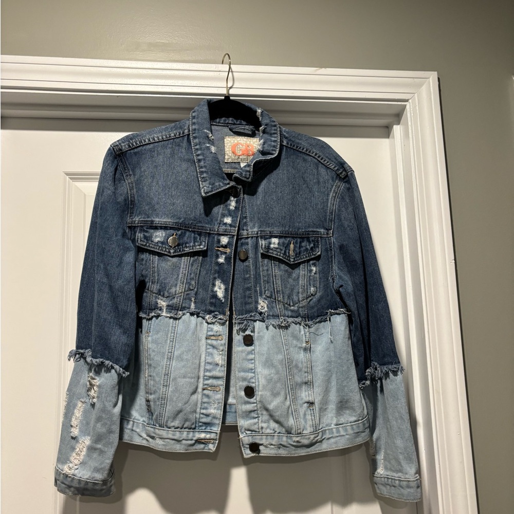 GB Distressed Denim Jacket Patchwork Jean Jacket Junior’s Large
